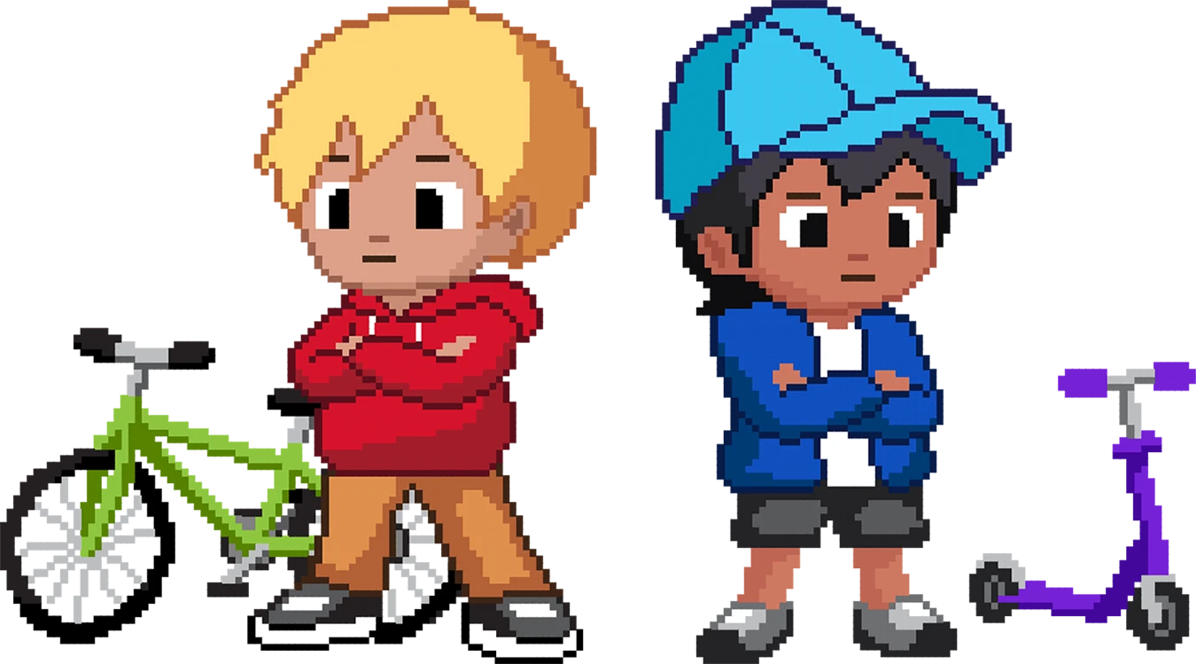Two cartoon characters with one in red jacket and one in blue jacket.